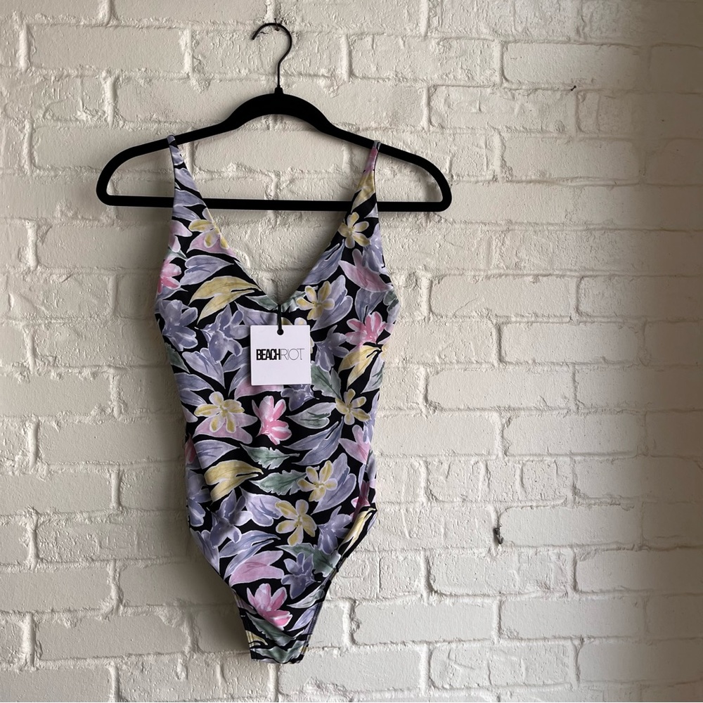 Beach Riot Black Floral One-Piece Swimsuit with Pastel Yellow, Pink, Lavender